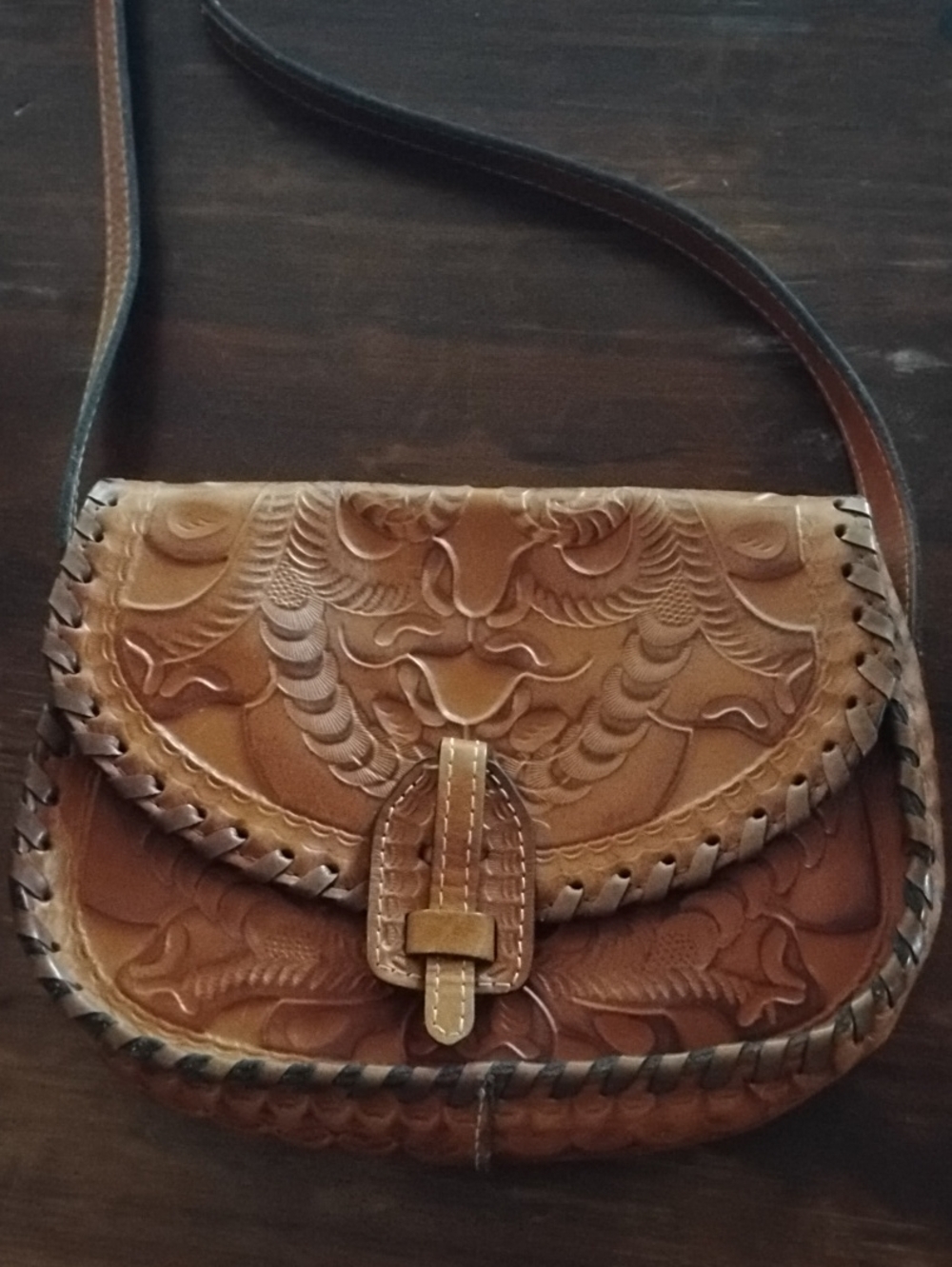 Patricia Nash Hand-Tooled Tan Brown Leather Crossbody Bag